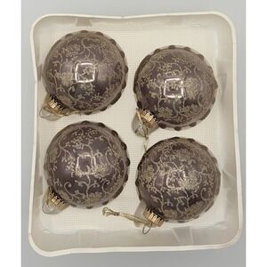 Set Of 4 Christmas By Krebs Ornaments  Satin Glass Purple with Gold Glitter